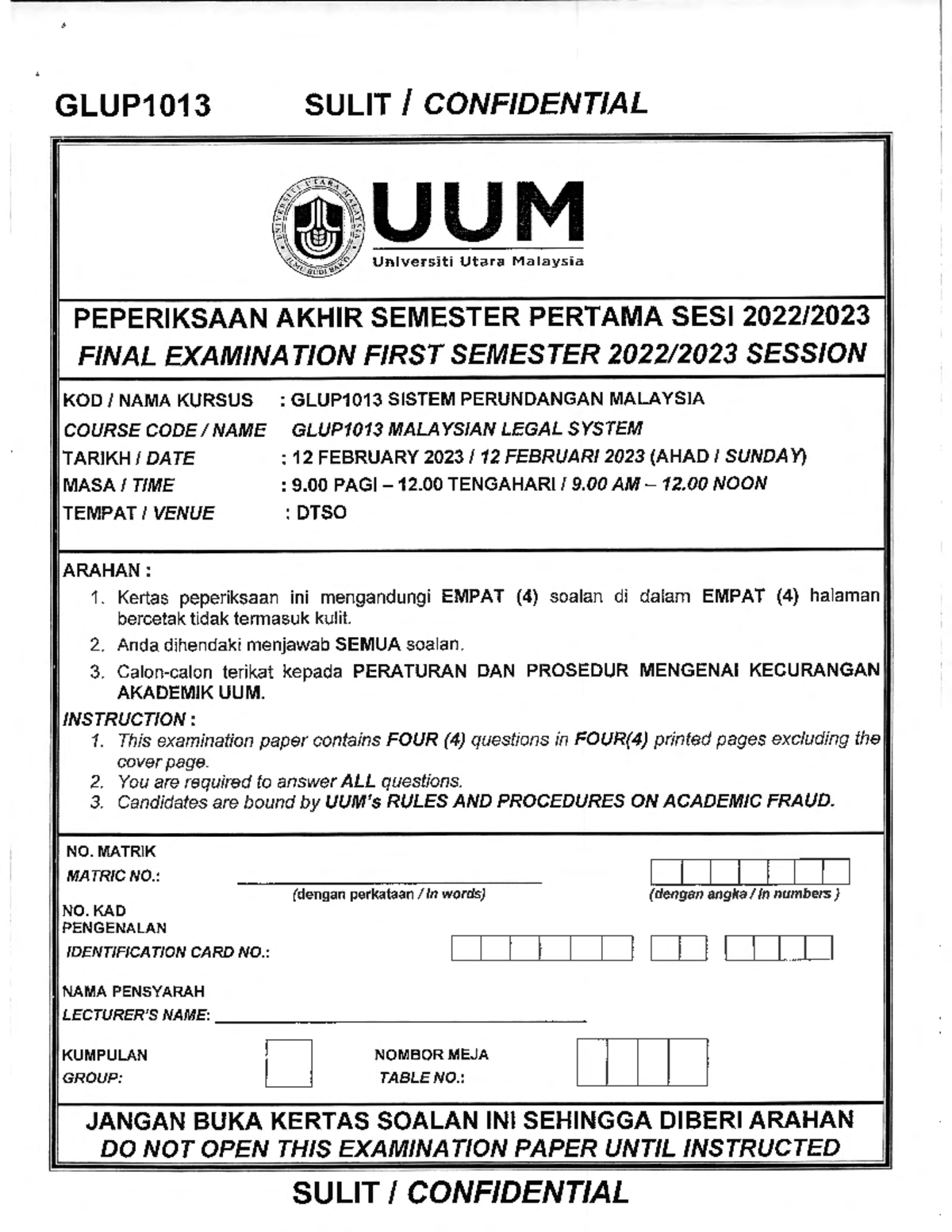 TEST GLUP 1013 EXAM Malaysian Legal System Studocu