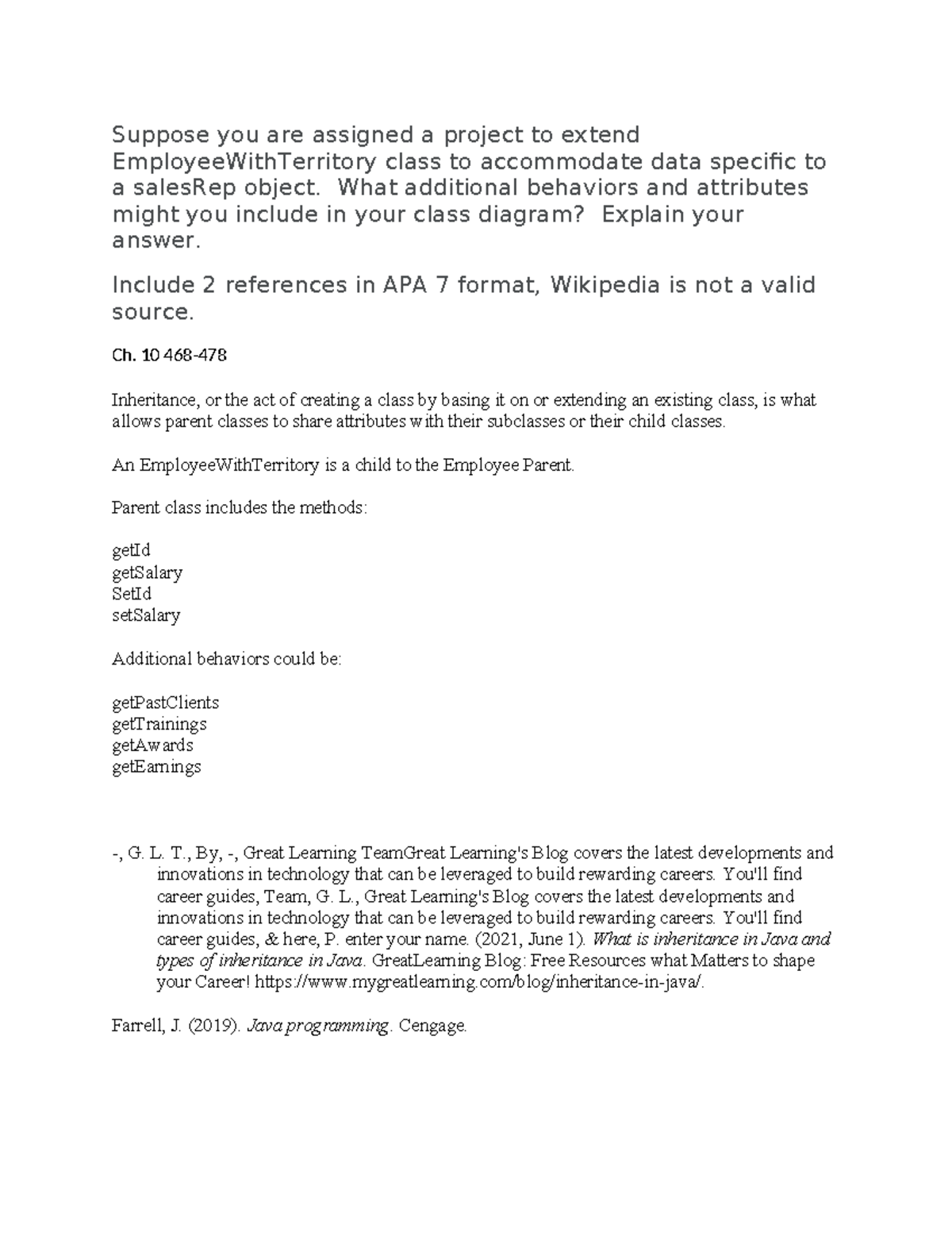 Discussion 5 - Java: Extending EmployeeWithTerritory Class - Suppose ...