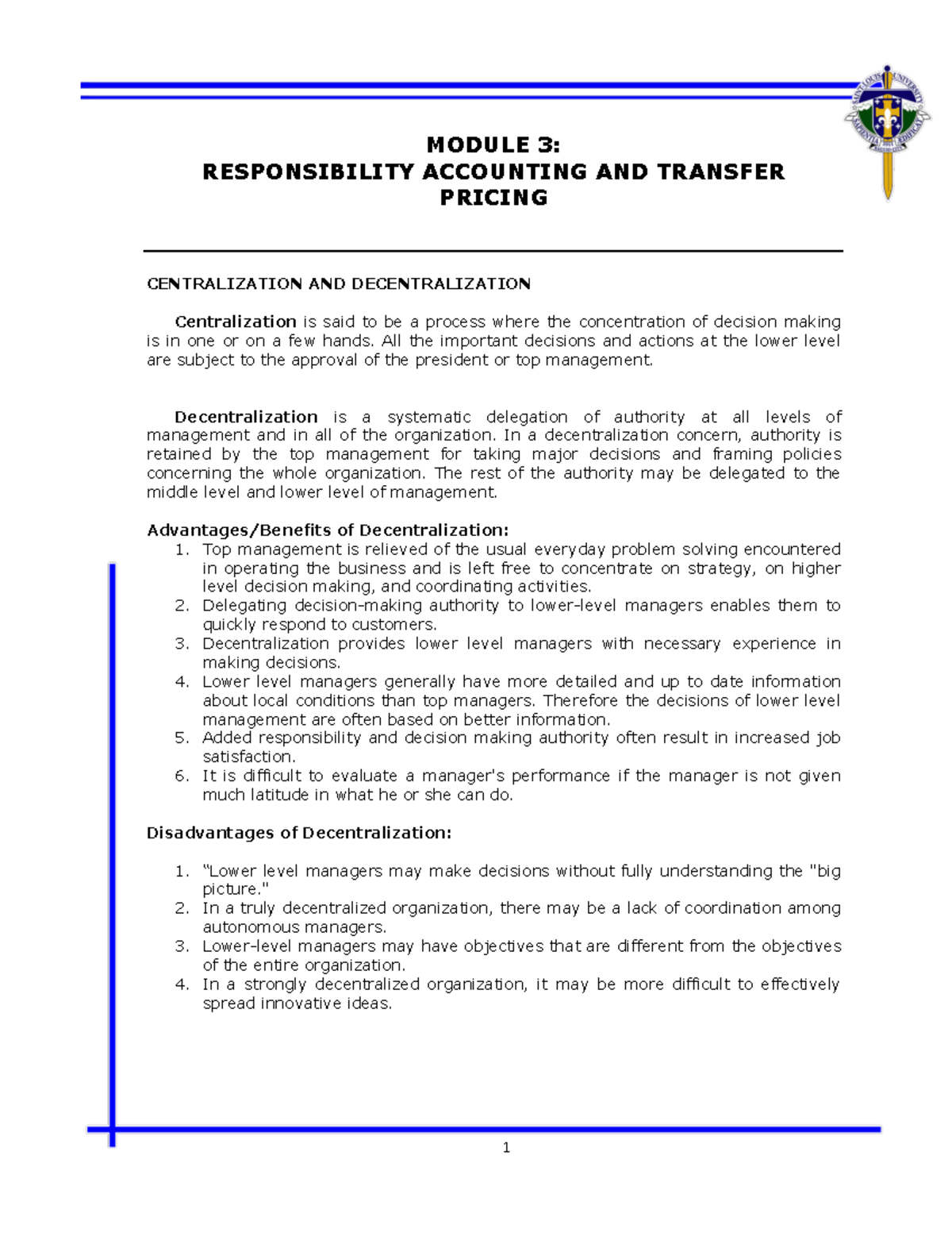 Module 3 Responsibility Accounting and Transfer Pricing MODULE 3