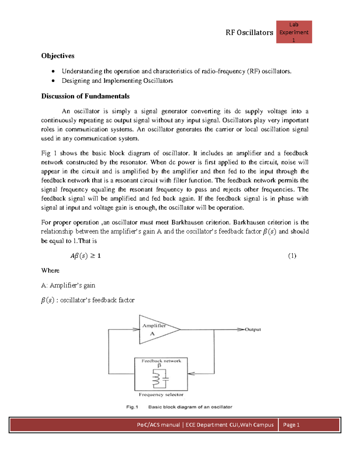 LAB 1 LAB 1 RF Oscillators Experiment 1 Objectives Understanding