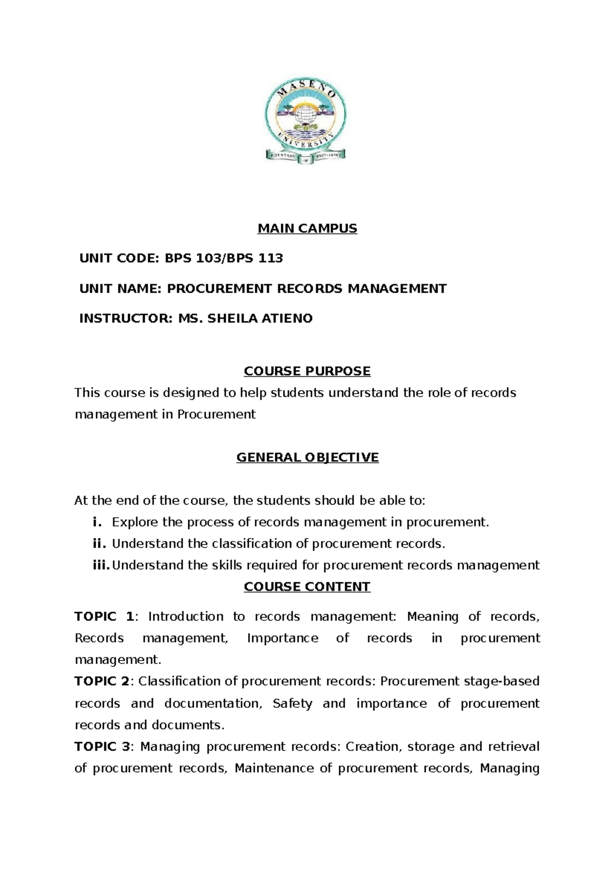 BPS 113 Course Outline - CLEAR - MAIN CAMPUS UNIT CODE: BPS 103/BPS 113 ...