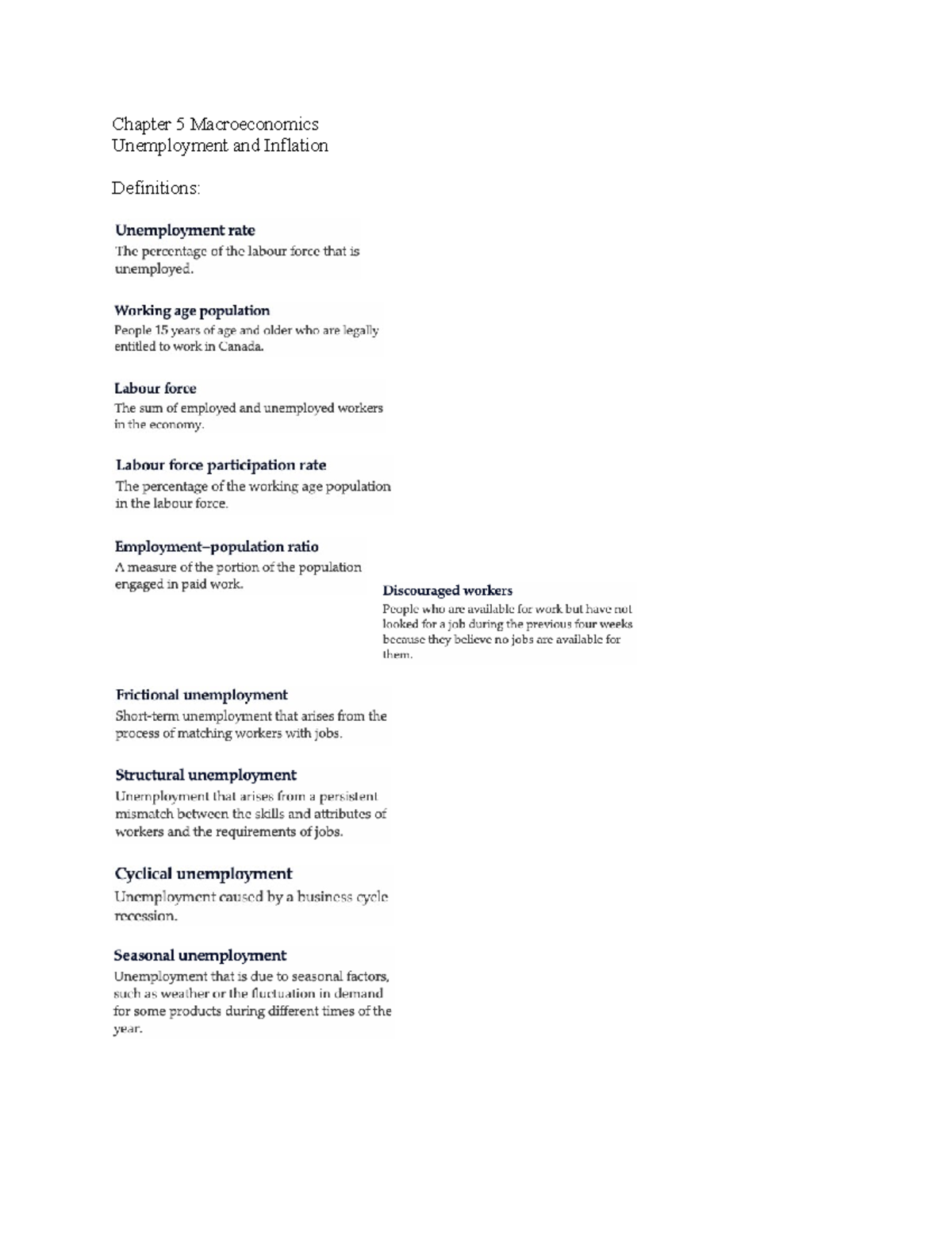Chapter 5 Macroeconomics - Chapter 5 Macroeconomics Unemployment and ...