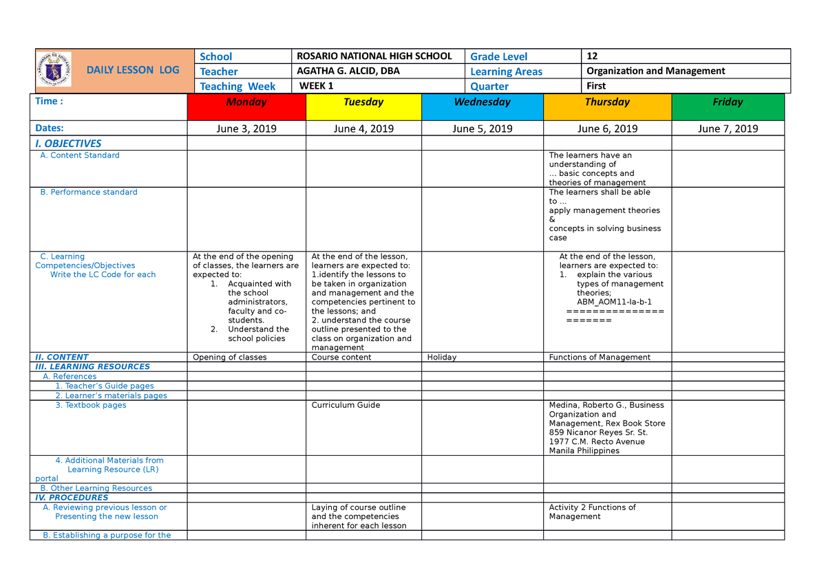 Dllorg%mgtweek 1 - Daily Lesson Log for teachers - DAILY LESSON LOG ...