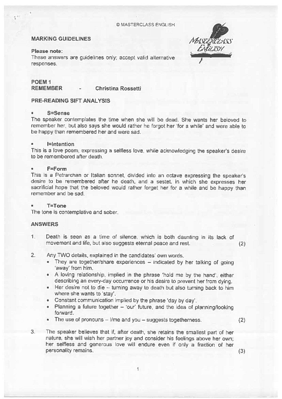 Poetry memo - C MASTERCLASS ENGLISH MARKING GUIDELINES MASCERCLASS ...