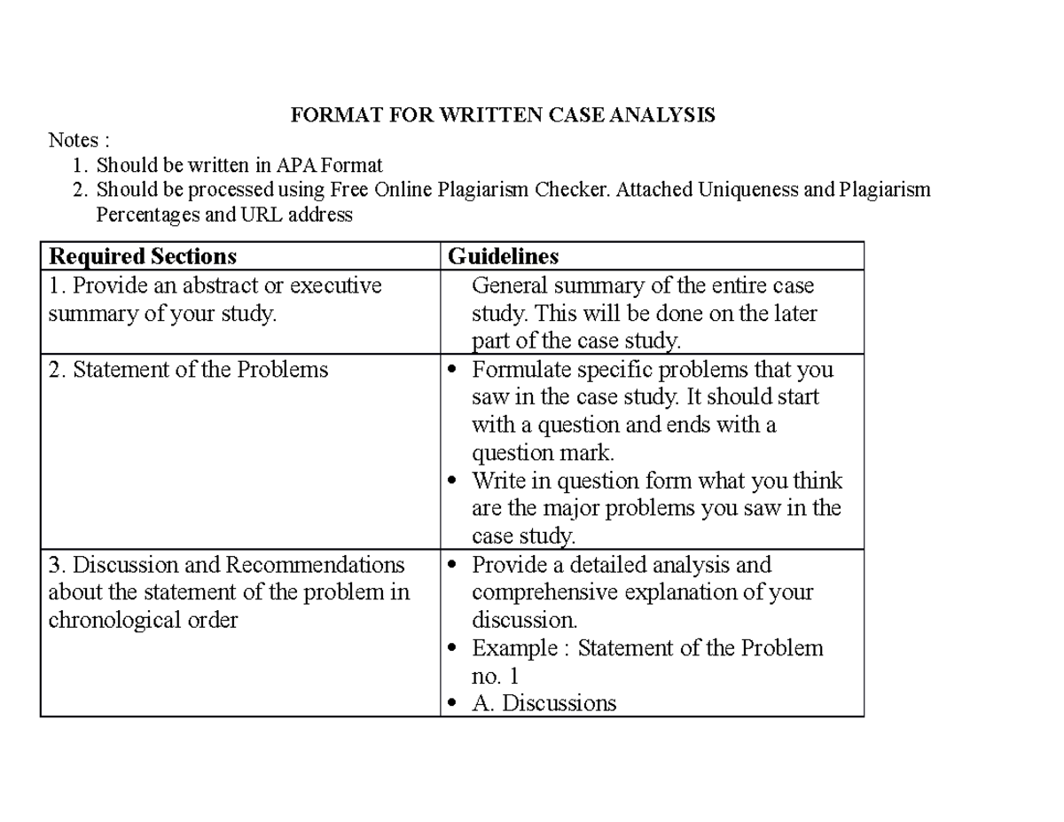 Case Study Format FORMAT FOR WRITTEN CASE ANALYSIS Notes Should Be 