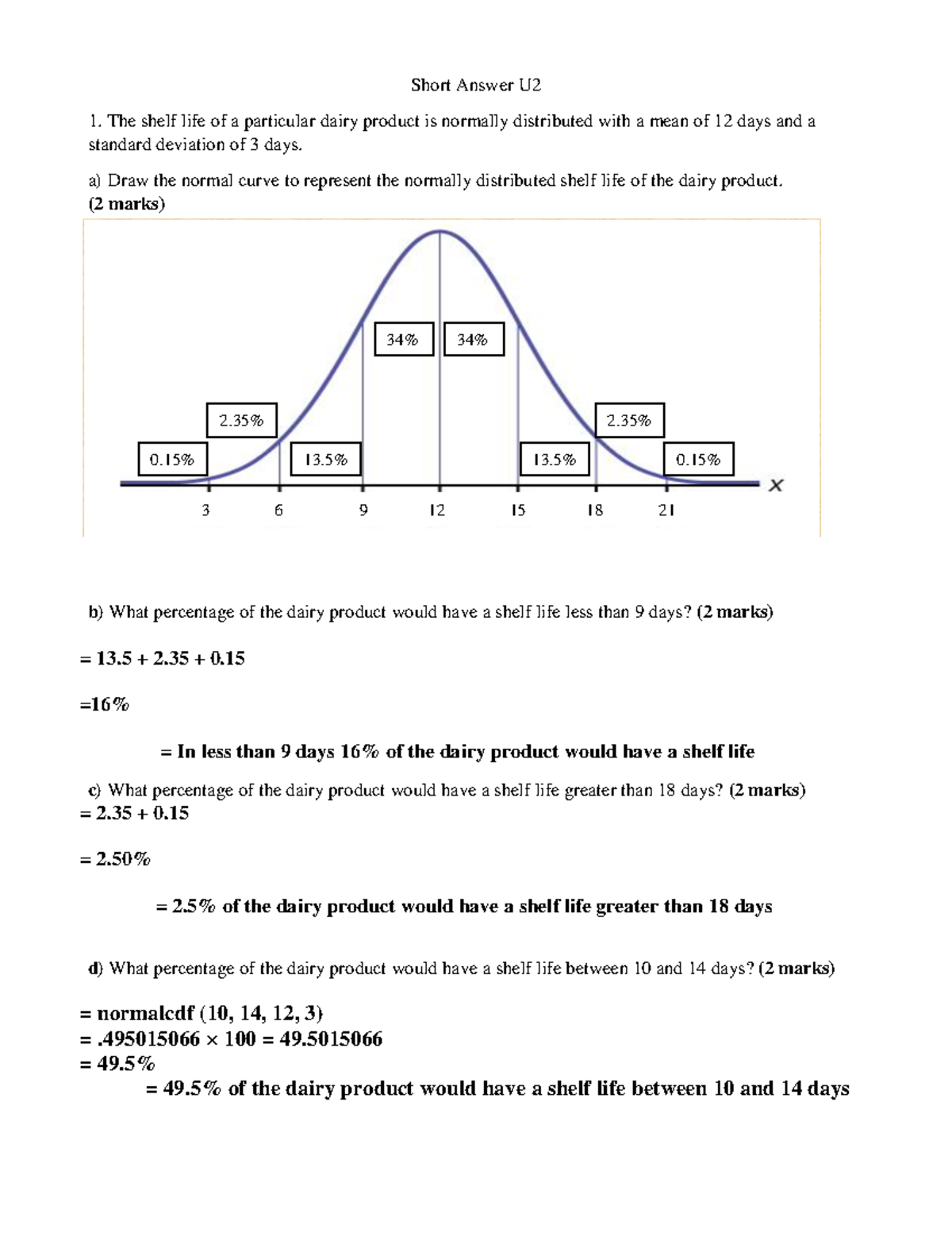 Unit 2 Short Answer Section - Short Answer U The shelf life of a ...