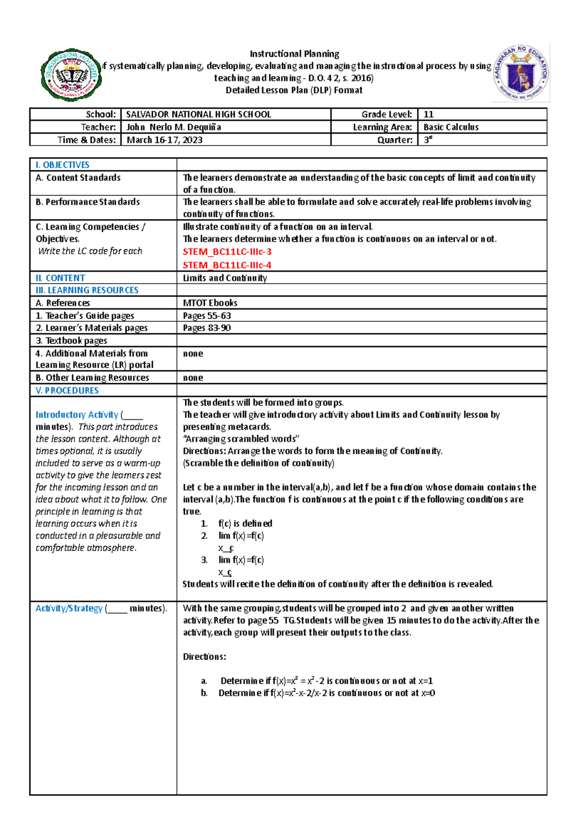 STEM BC11LC-IIIc-3 and c4 - Instructional Planning (The process of ...