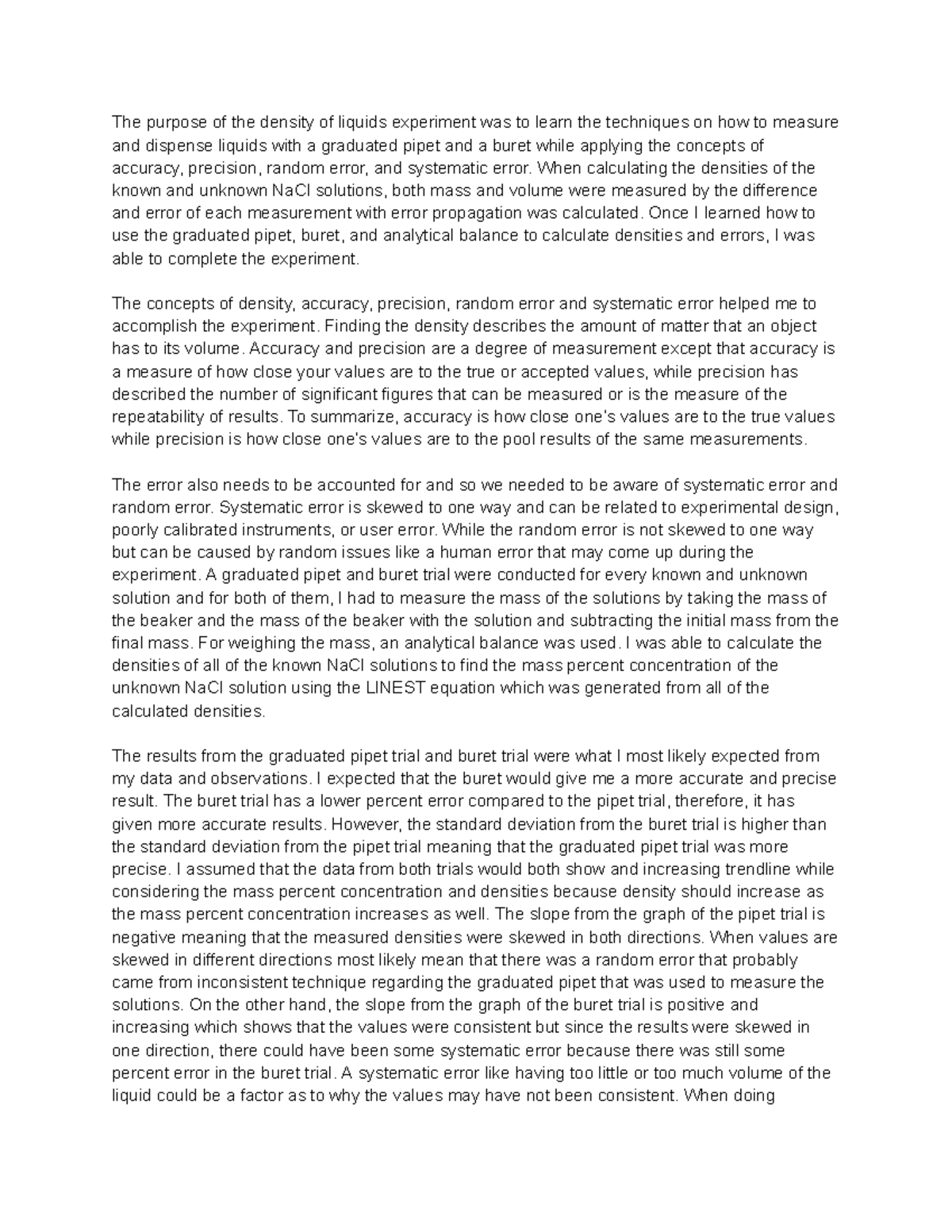 The Liquid Density Experiment The purpose of the density of liquids