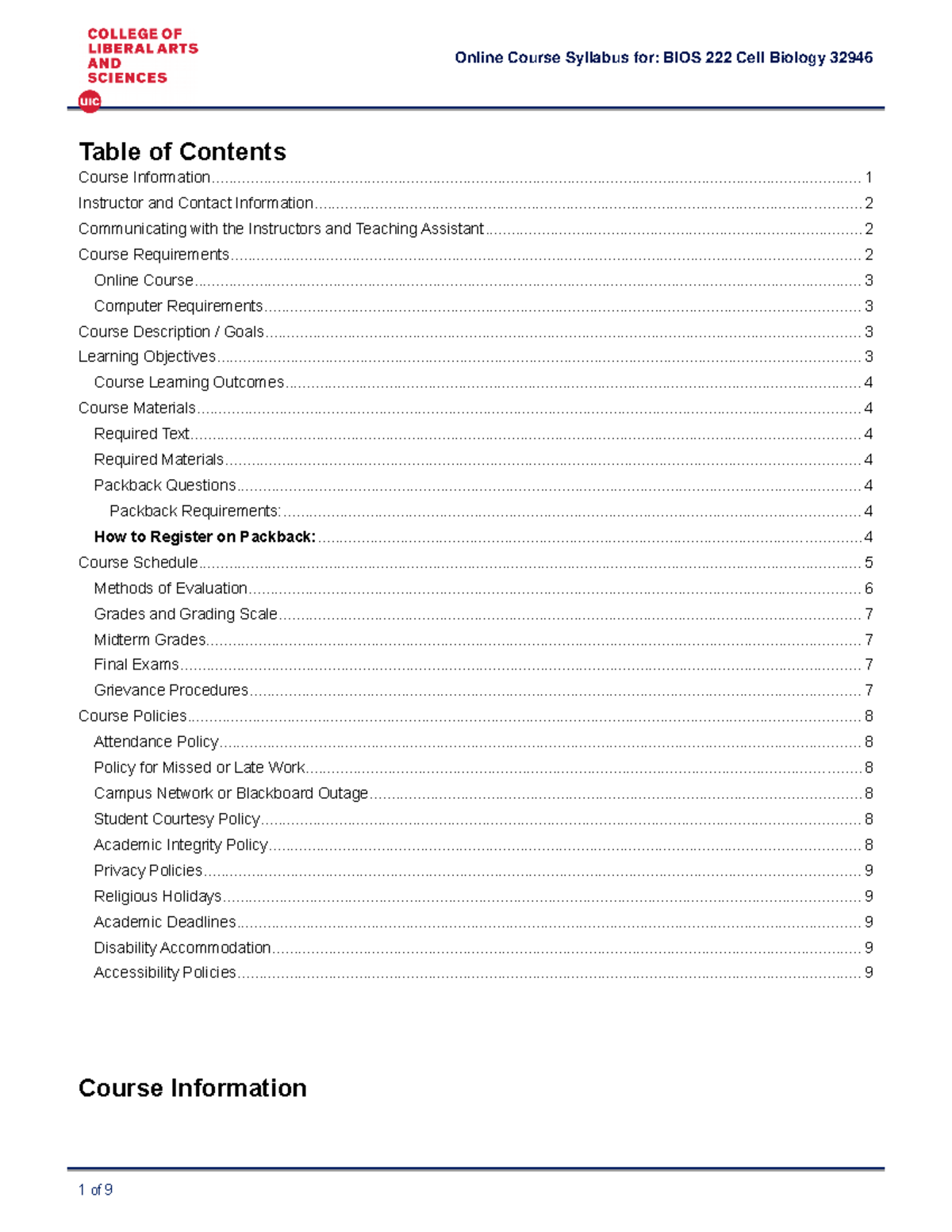 BIOS 222 32946 FA20 Syllabus V1 - Table of Contents Course - Studocu