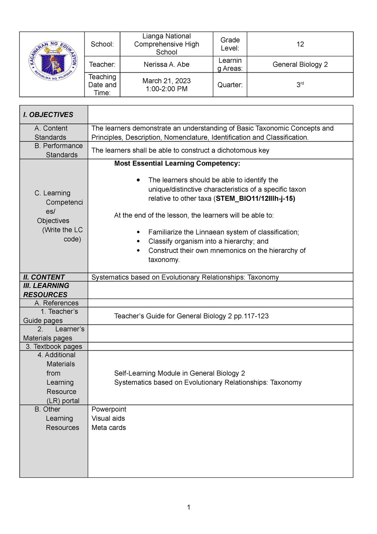 General Biology 2 Taxonomy DLP - School: Lianga National Comprehensive ...