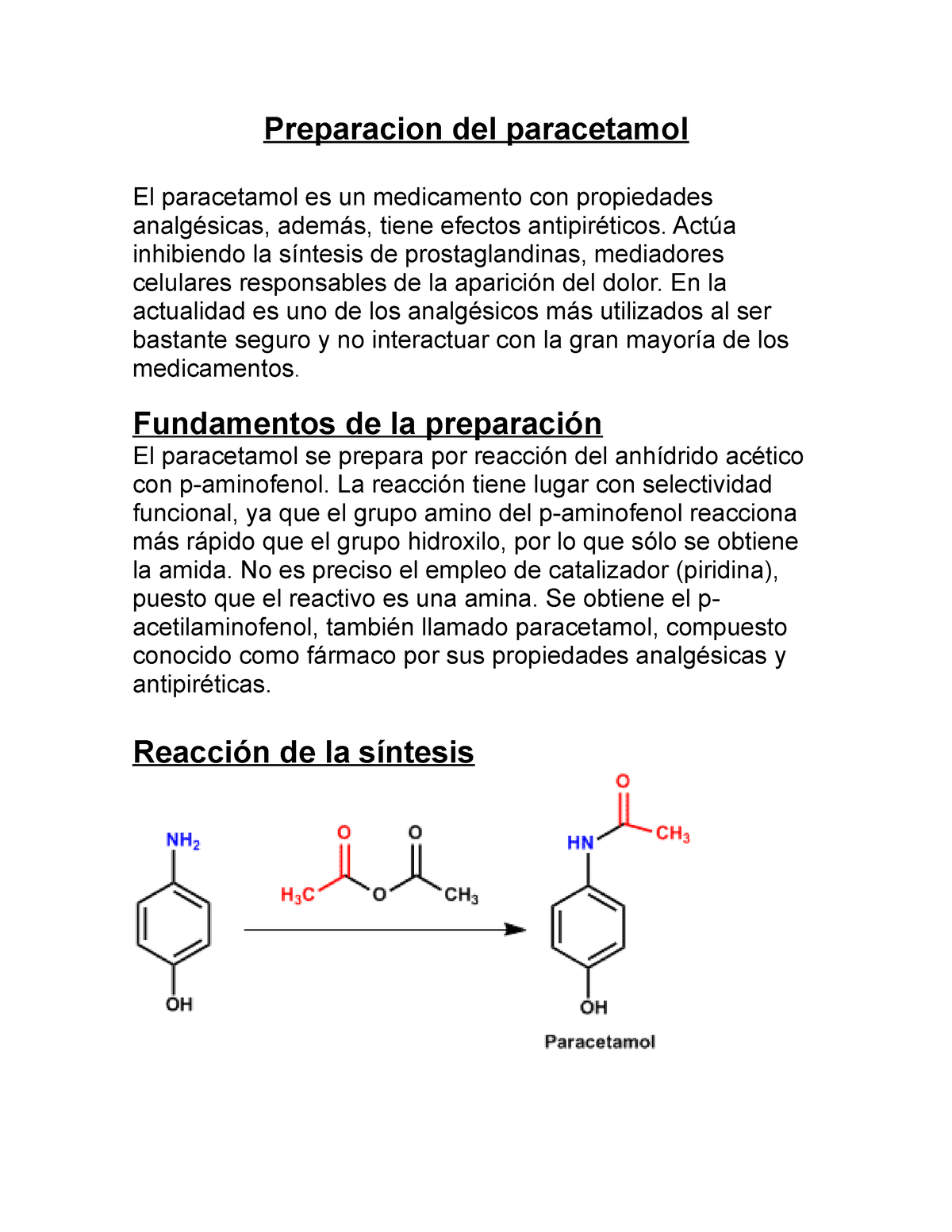 Preparacion Del Paracetamol Actúa Inhibiendo La Síntesis De