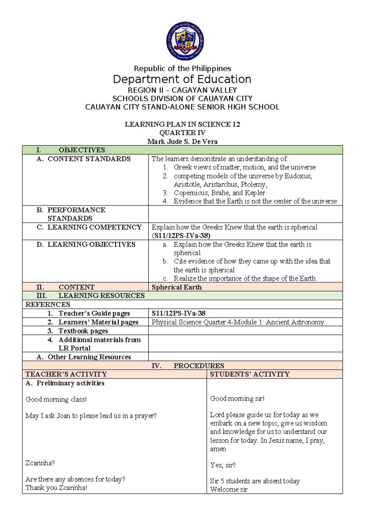 Lesson PLAN S11 12PS IVa 38 - Republic of the Philippines Department of ...