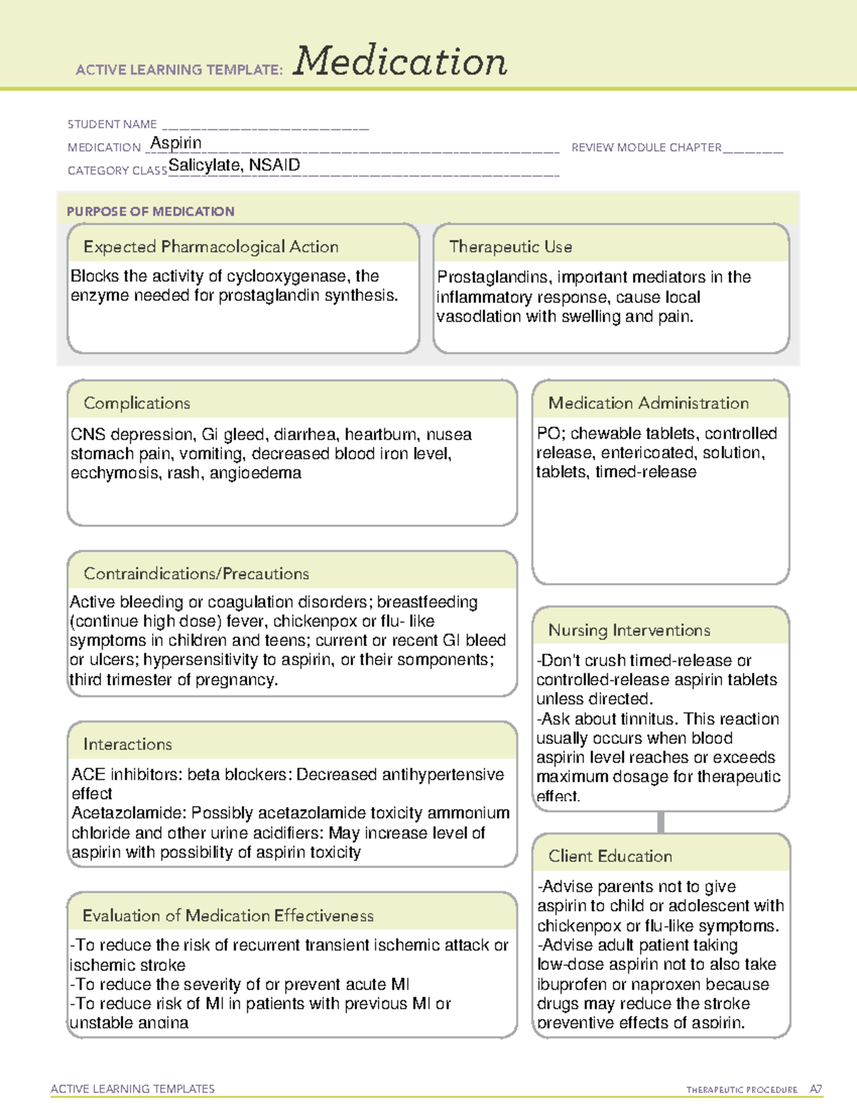 Aspirin Active Learning Template Medication ACTIVE LEARNING TEMPLATES 