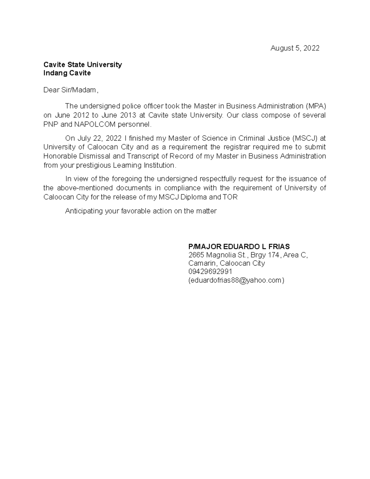 Cavite state request - August 5, 2022 Cavite State University Indang ...