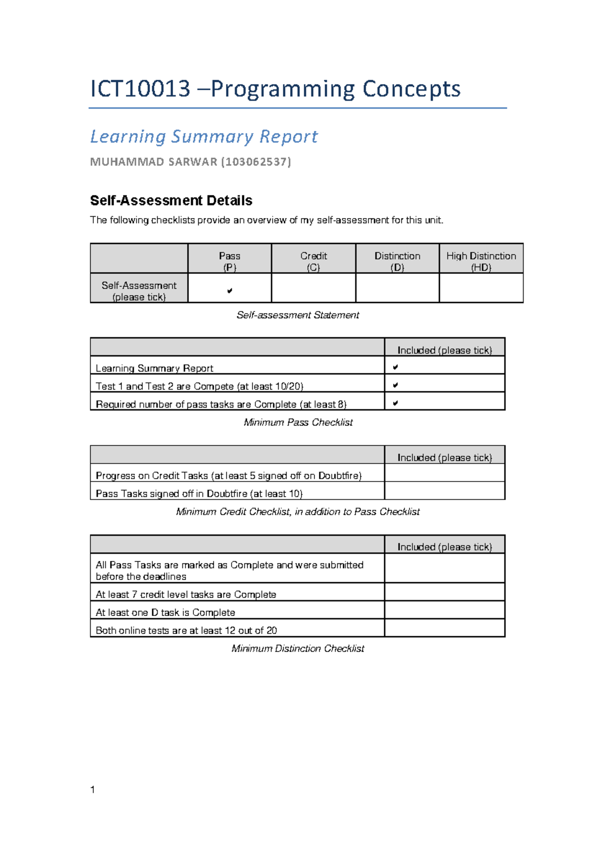 Learning Summary Report - ####### 1 ICT10013 –Programming Concepts ...