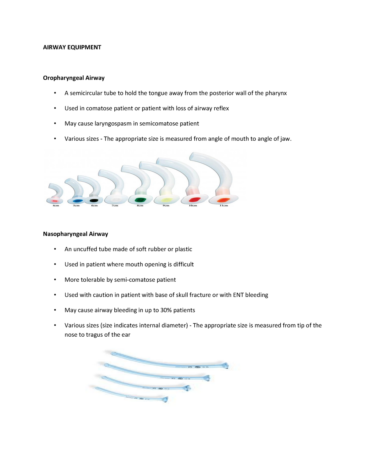 Airway Equipment Airway Equipment Oropharyngeal Airway A Semicircular Tube To Hold The Tongue Studocu