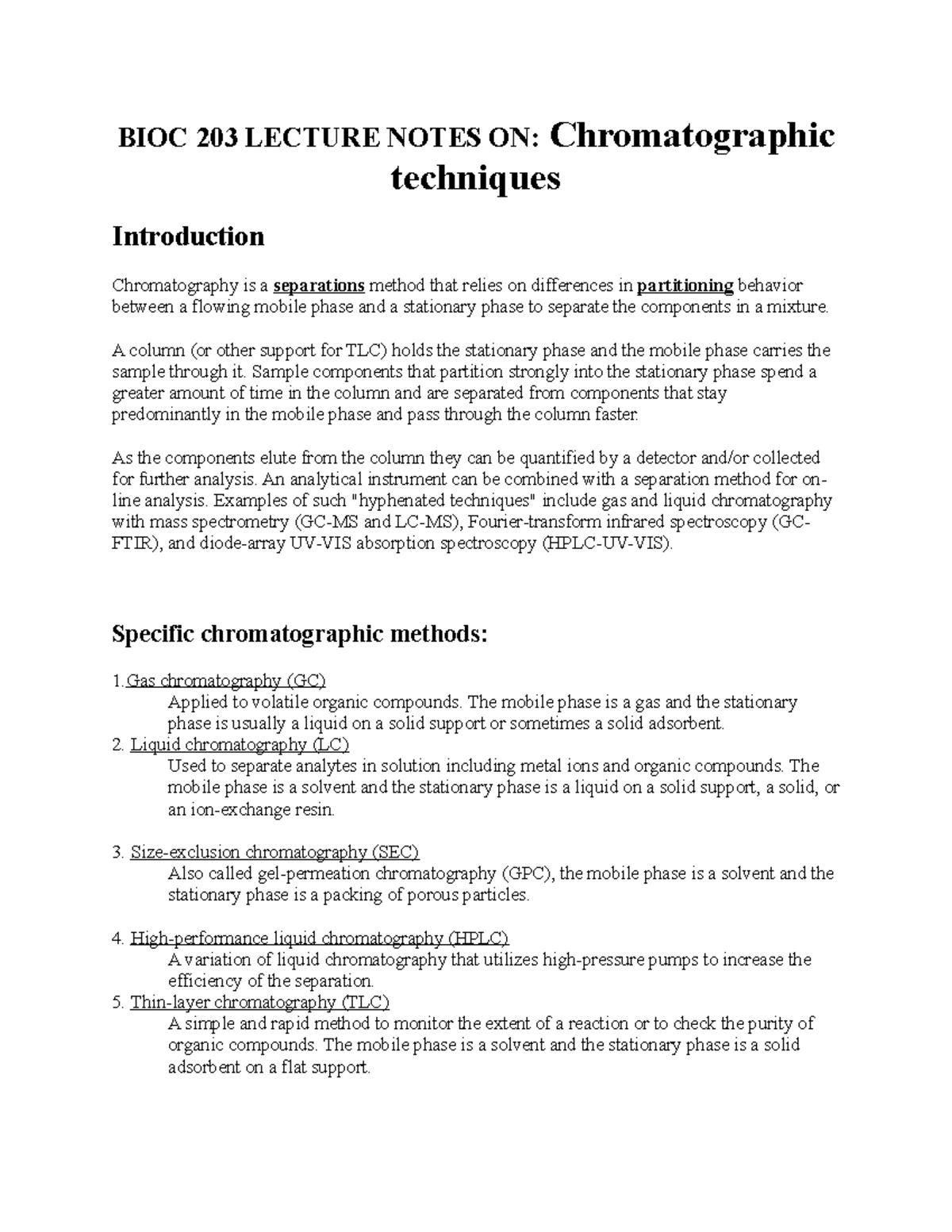 chromatographic techniques BIOC 203 LECTURE NOTES ON Chromatographic techniques Introduction