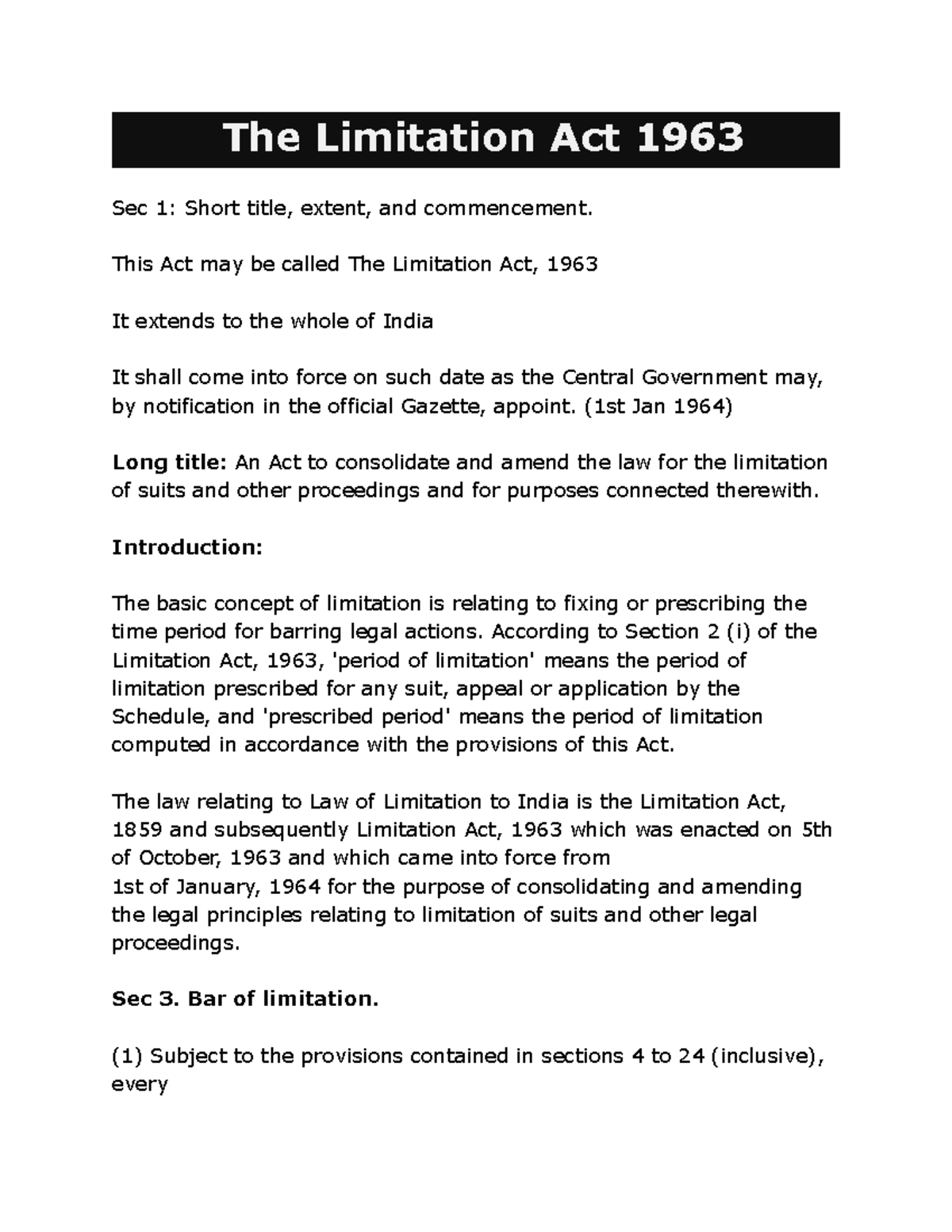 The Limitation Act 1963 The Limitation Act 1963 Sec 1 Short title
