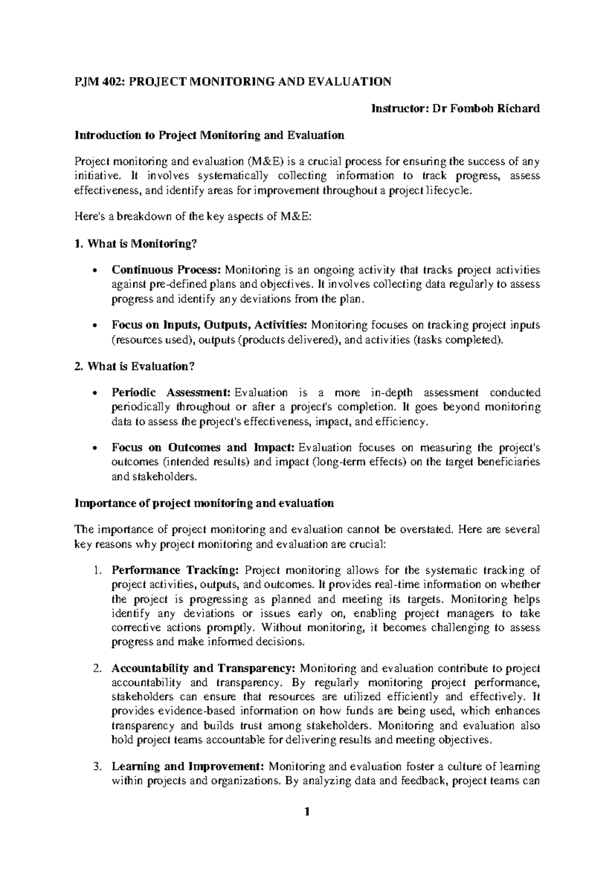 Project Monitoring and Evaluation Lecture note - PJM 402: PROJECT ...