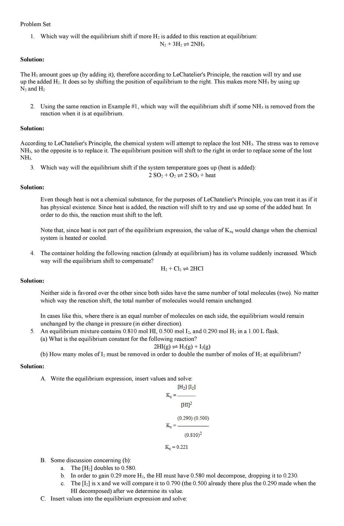 Problem Set- Chemistry - Problem Set 1. Which way will the equilibrium ...