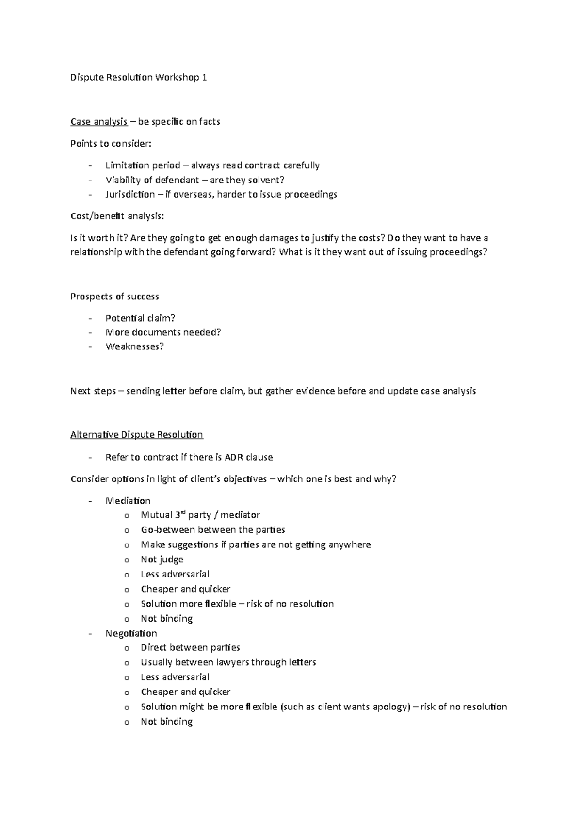 Dispute Resolution Workshop 1 recap summary - Dispute Resolution ...