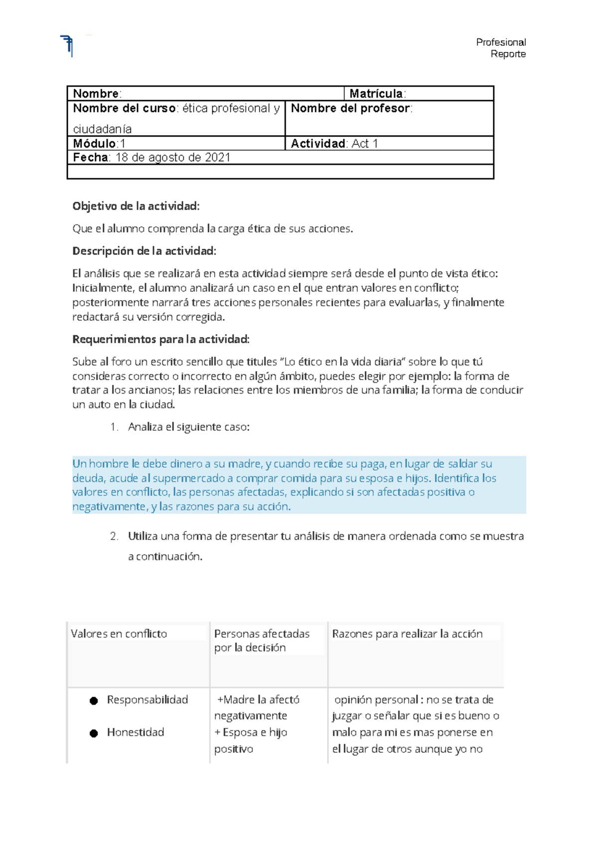 Actividad 1 ética profesional y ciudadanía con - Reporte Nombre ...