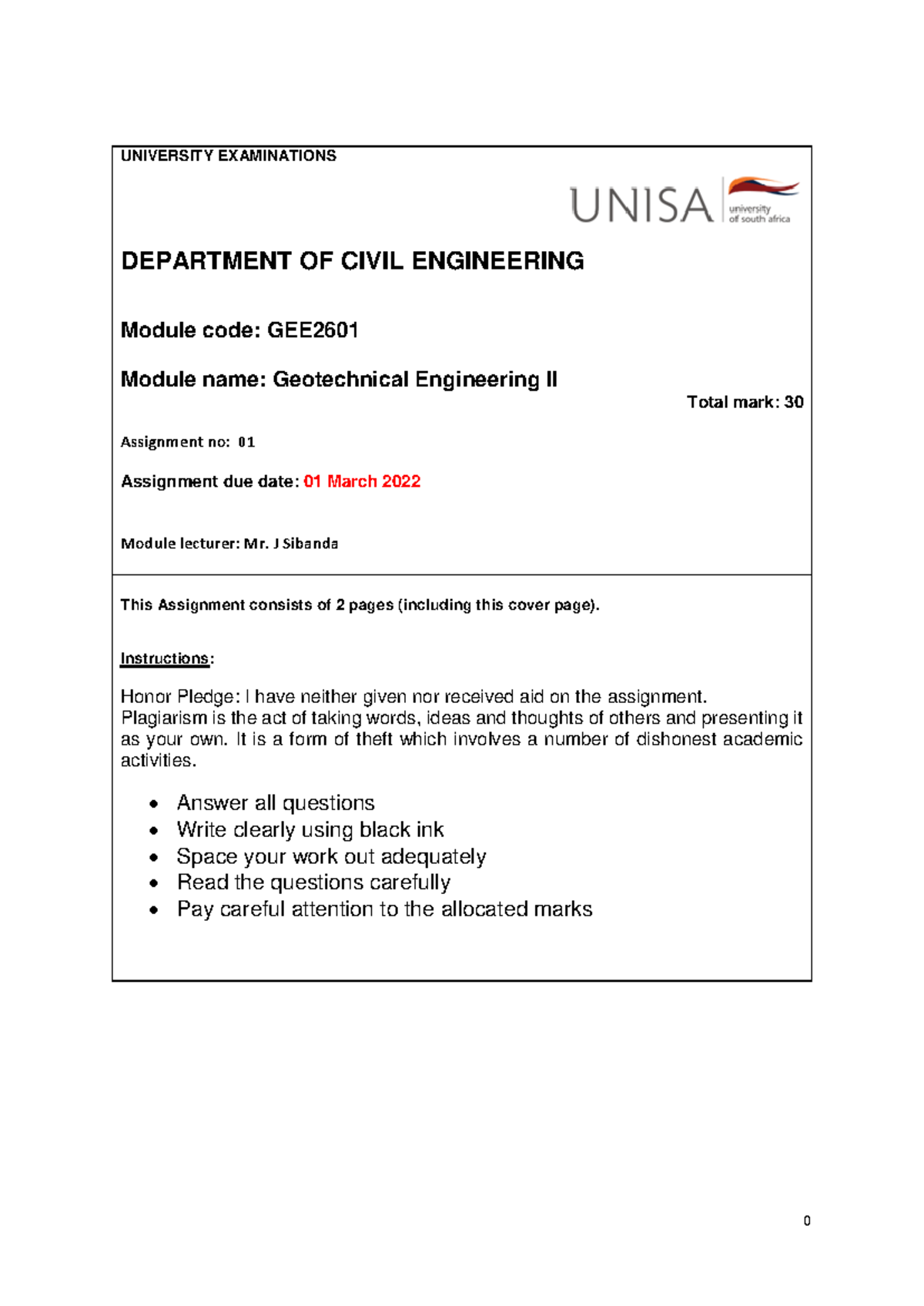 GEE2601 Assignment 1 2022 - 0 UNIVERSITY EXAMINATIONS DEPARTMENT OF ...