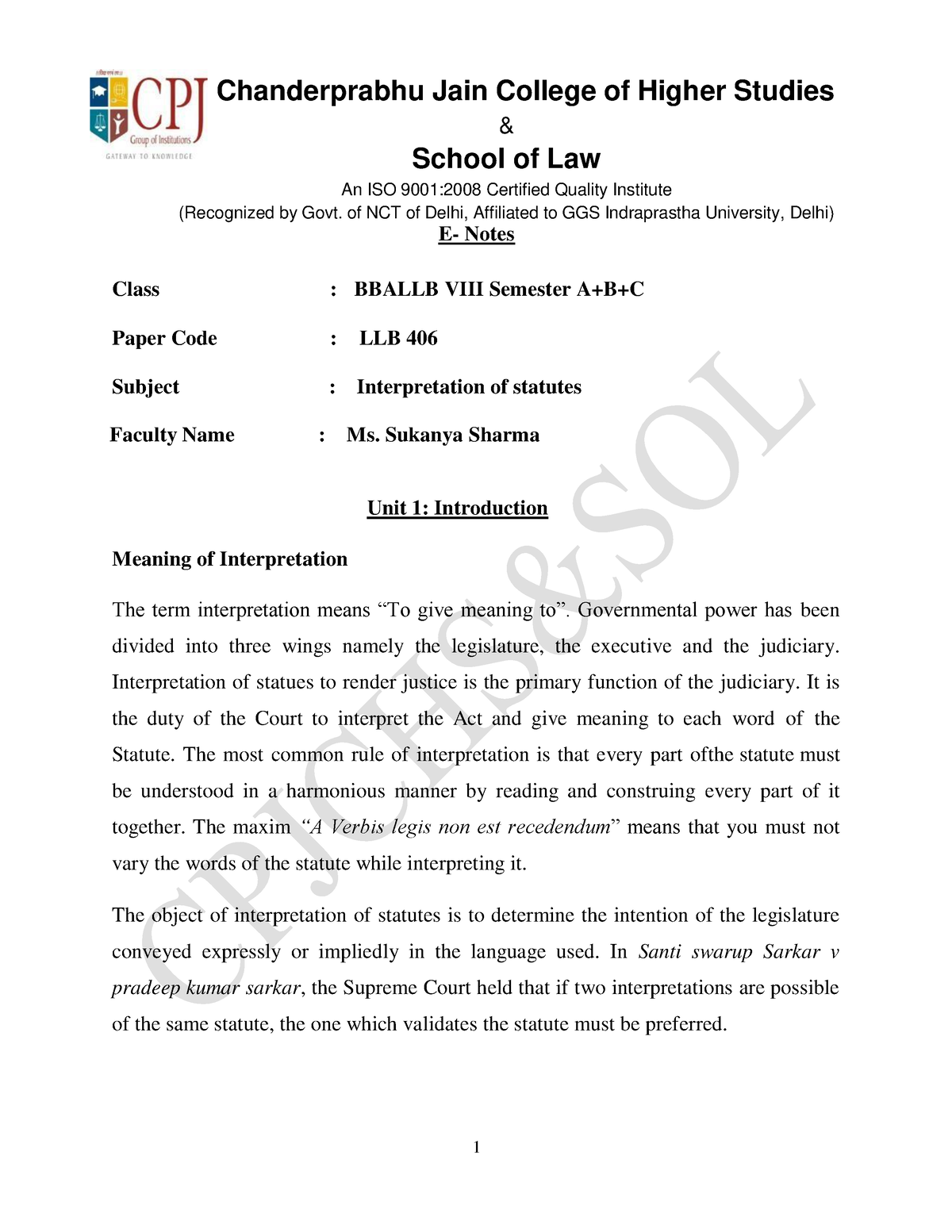 Unit-1 Interpretation Of Statutes E- Notes-LLB 406 - & School Of Law An ...