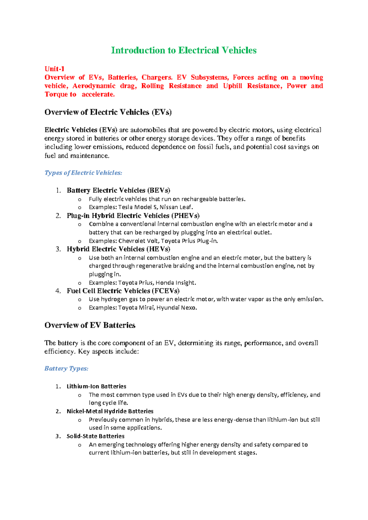 EV UNIT 1,2 - electrical vehicles - Introduction to Electrical Vehicles ...