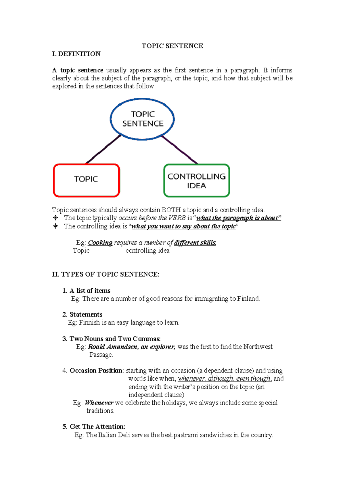 Topic Sentence - Hjjmmm - TOPIC SENTENCE I. DEFINITION A topic sentence ...