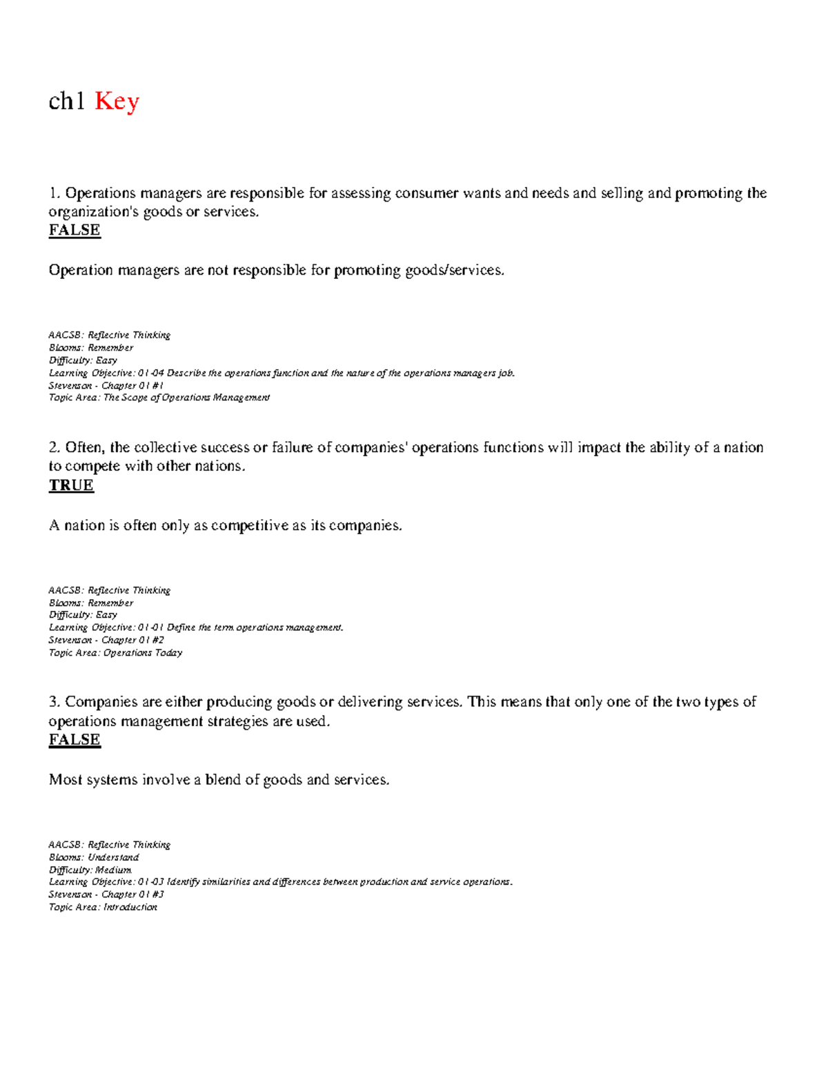 Operations management and production textbook solution keys - ch1 Key 1 ...