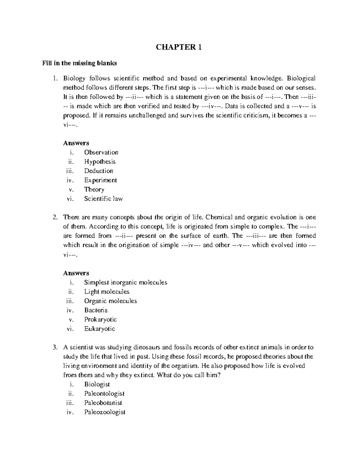 Introduction to biology questions - CHAPTER 1 Fill in the missing ...