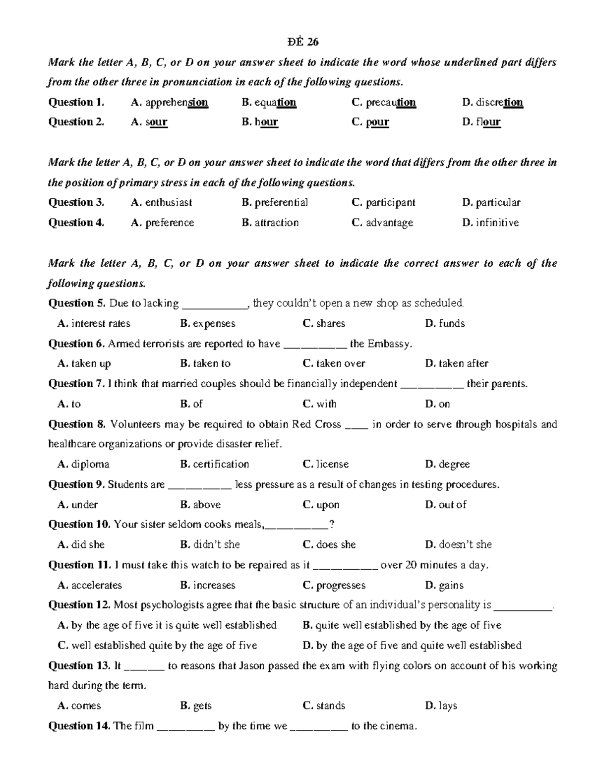 ĐỀ 26 - Exercise - ĐỀ 26 Mark The Letter A, B, C, Or D On Your Answer ...