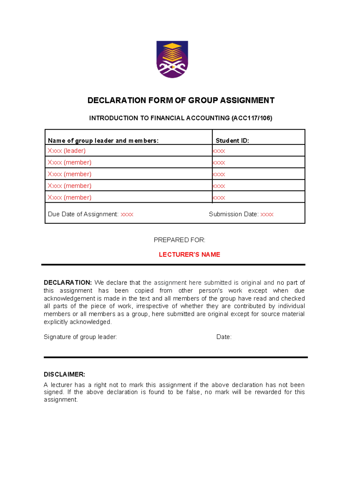 Student COPY ACC117 106 Declaration and cover page Group project ...