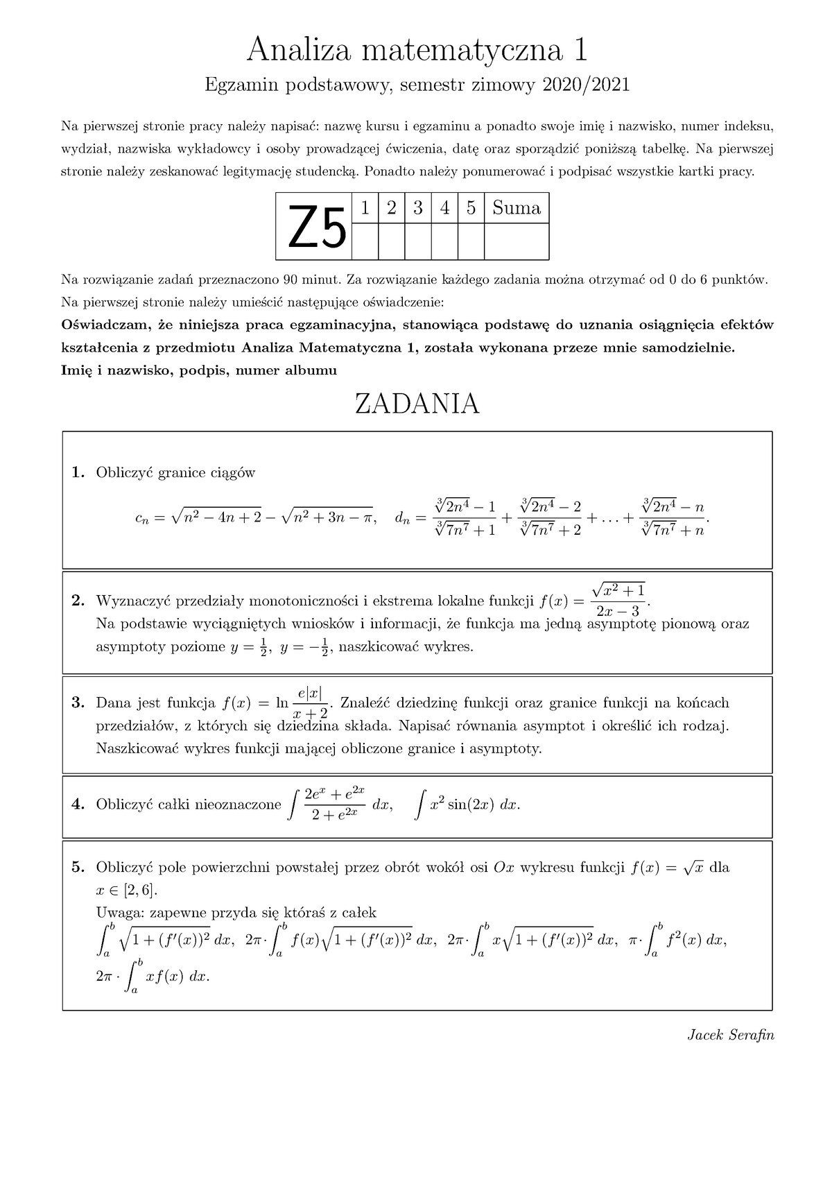 Z5 - Kolos Analiza 1.1 - Analiza Matematyczna 1 Egzamin Podstawowy ...