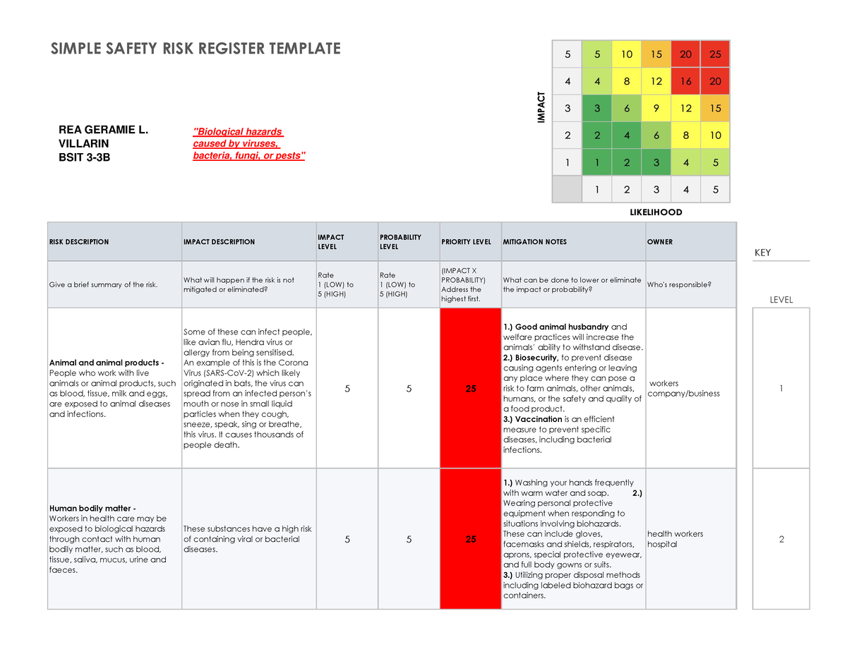 Biological Hazards Risk Registry - SIMPLE SAFETY RISK REGISTER TEMPLATE ...