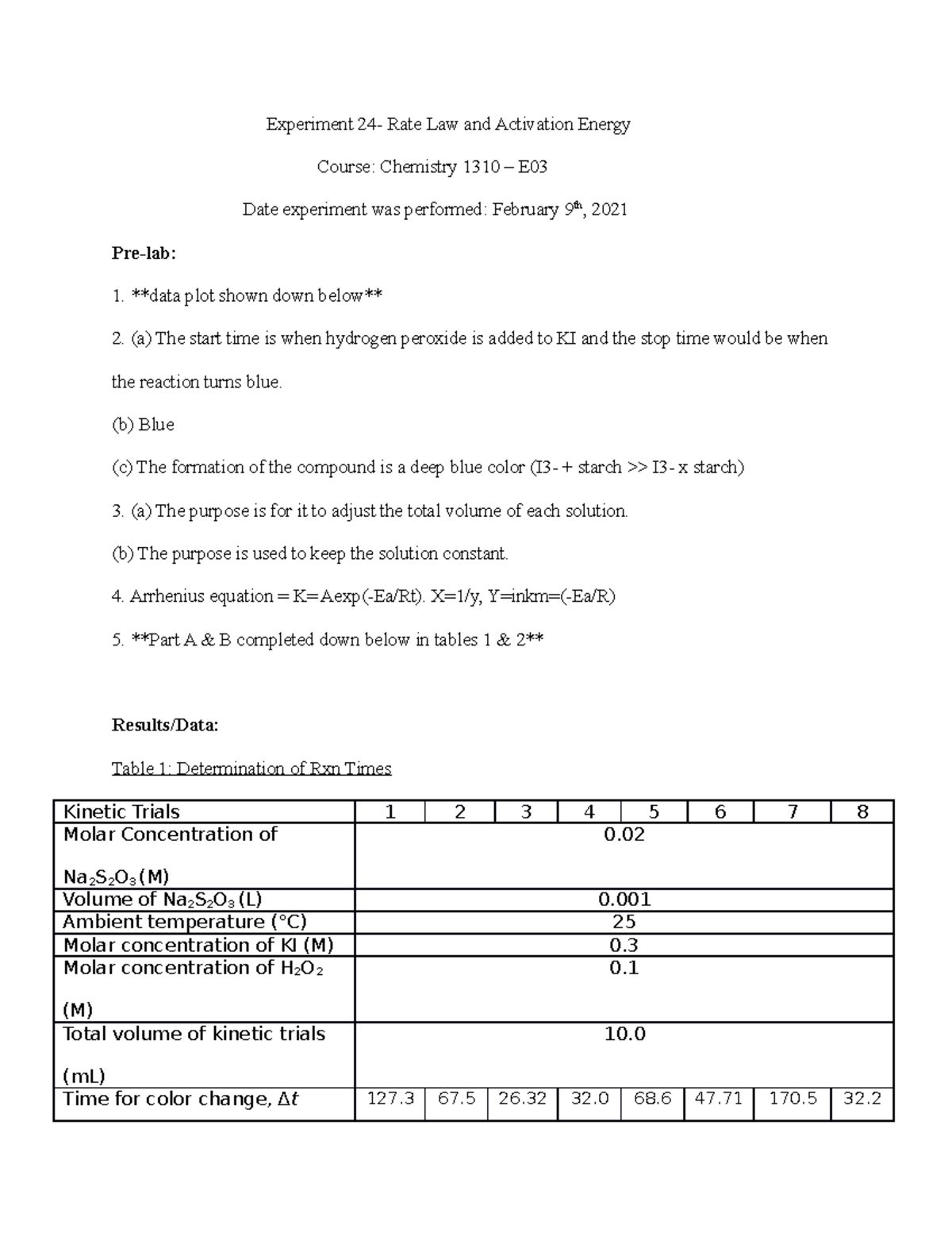 Exp 24 Rate law and activation energy Experiment 24 Rate Law and Activation Energy Course