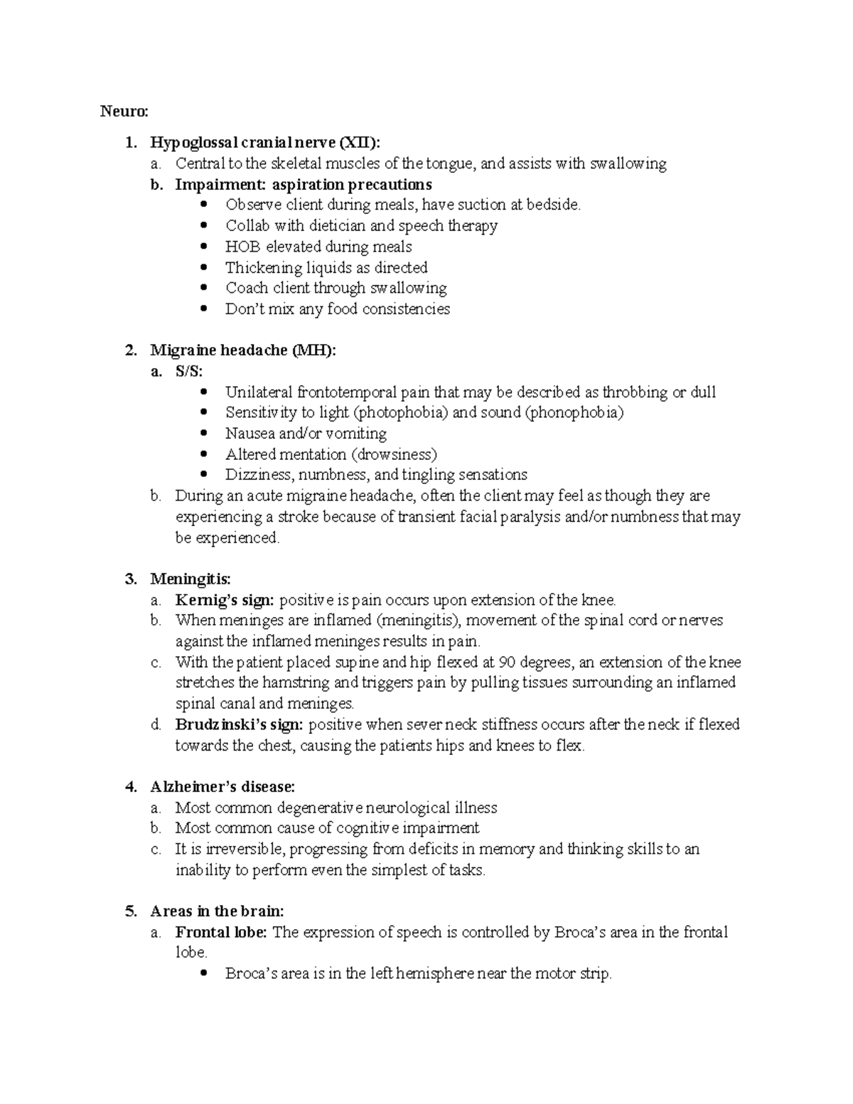 Neuro - NCLEX prep notes - Neuro: 1. Hypoglossal cranial nerve (XII): a ...