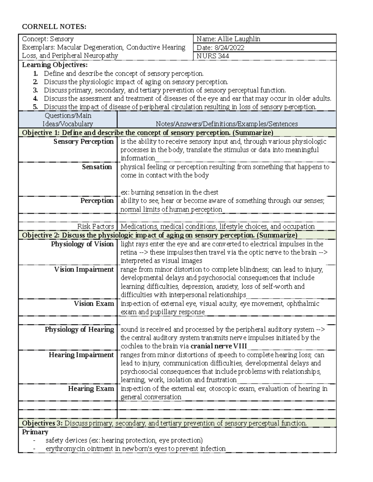 Copy of Sensory Notes Sheet 1 - CORNELL NOTES: Concept: Sensory ...