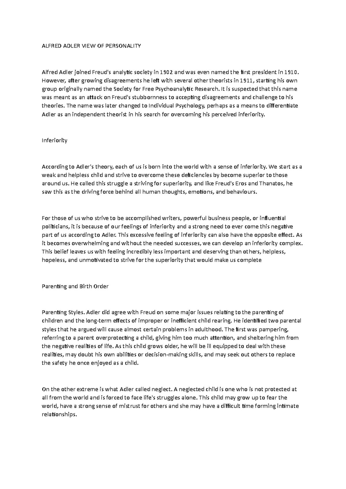 Alfred Adler VIEW OF Personality - ALFRED ADLER VIEW OF PERSONALITY ...