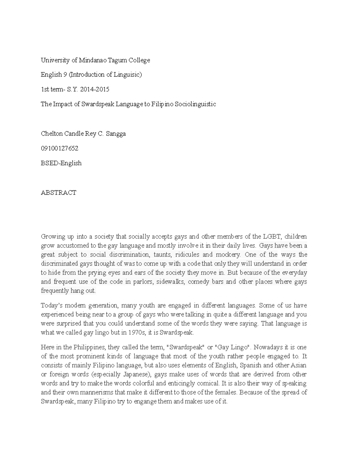 The Impact of Swardspeak Language to Fil - University of Mindanao Tagum ...
