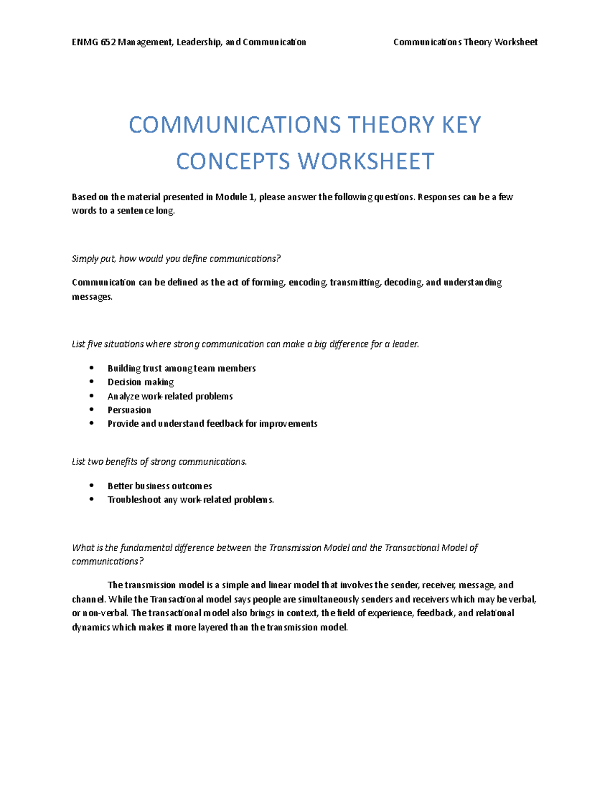 Communications Theory Key Terms Worksheet ENMG 652 Management, Leadership, and Communication