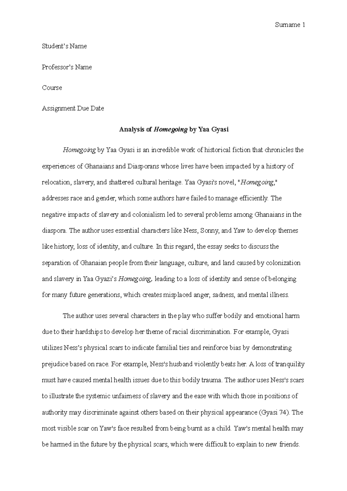 Analysis of Homegoing by Yaa Gyasi Student’s Name Professor’s Name