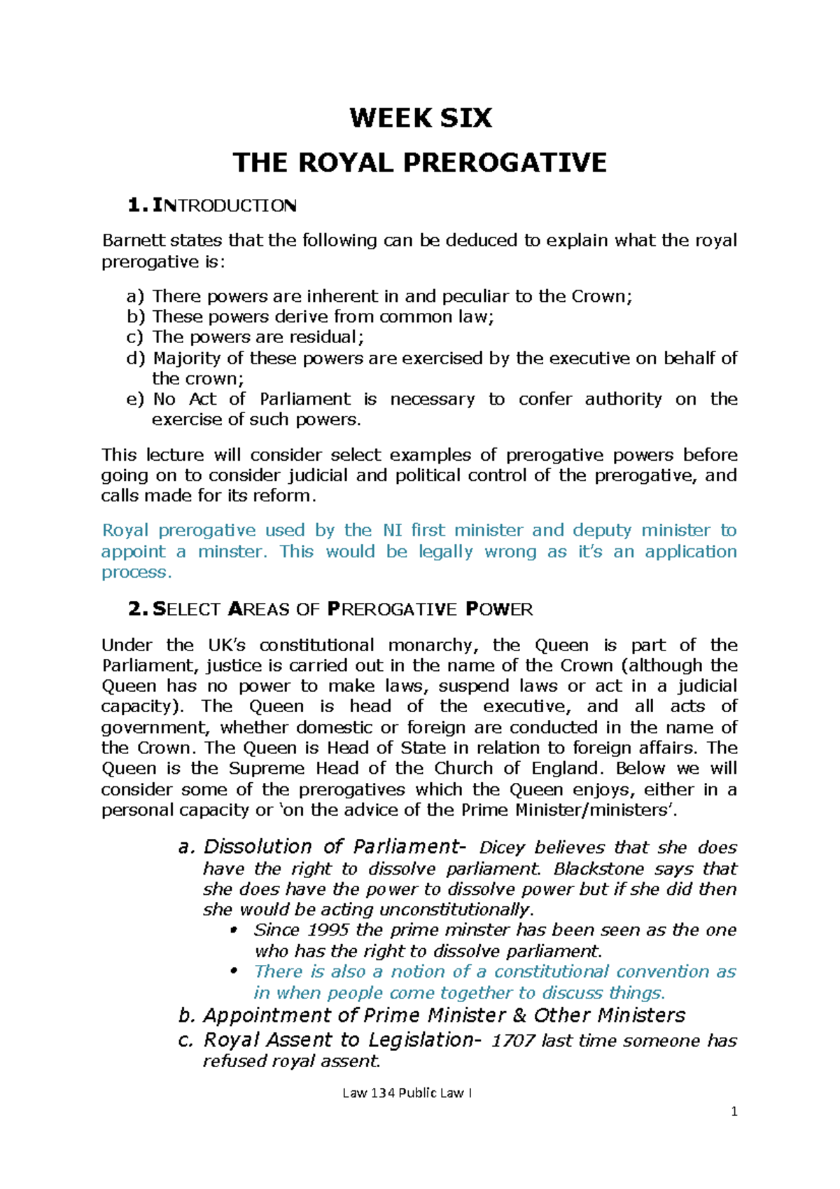 SH JT Week Six The Royal Prerogative - WEEK SIX THE ROYAL PREROGATIVE 1 ...