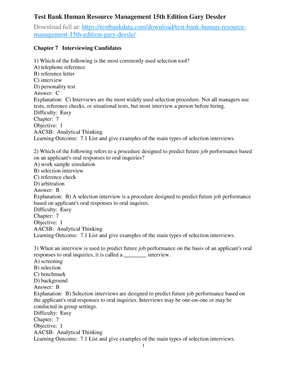 Human resource Testbankhumanresourcemanagement15theditiongary