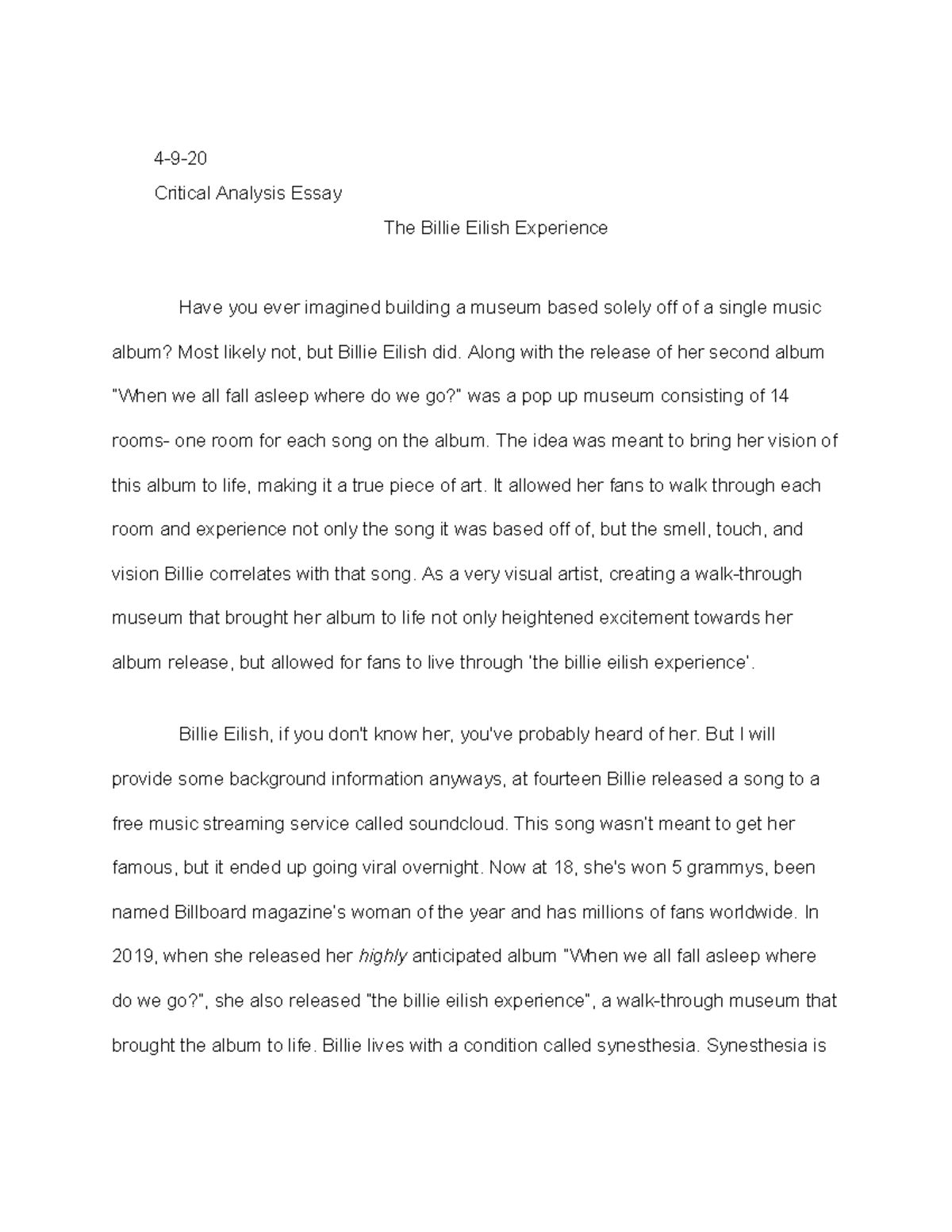 Critical Analysis essay - 4-9- Critical Analysis Essay The Billie ...