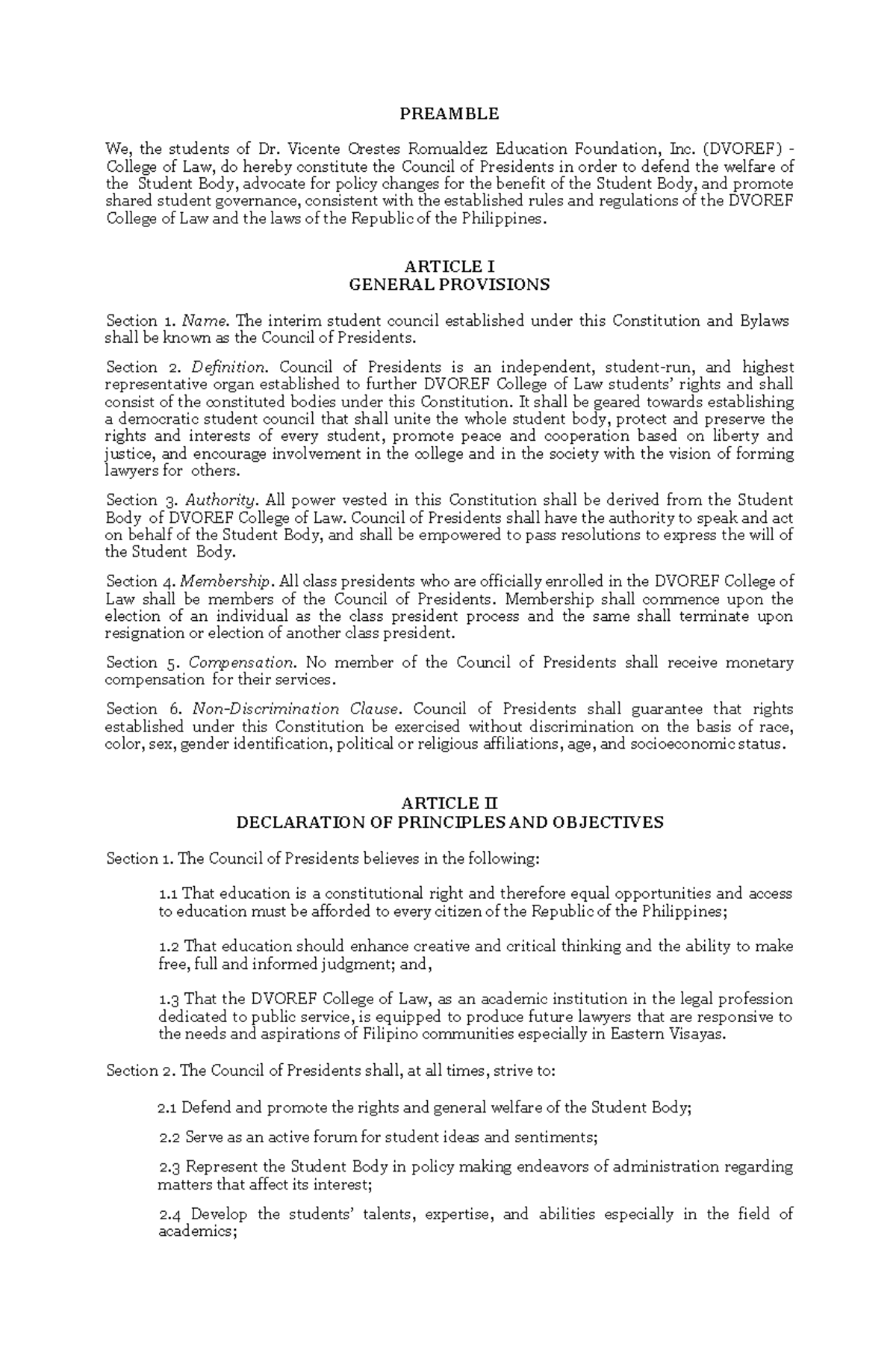 Constitution and By Laws PREAMBLE We, the students of Dr. Vicente