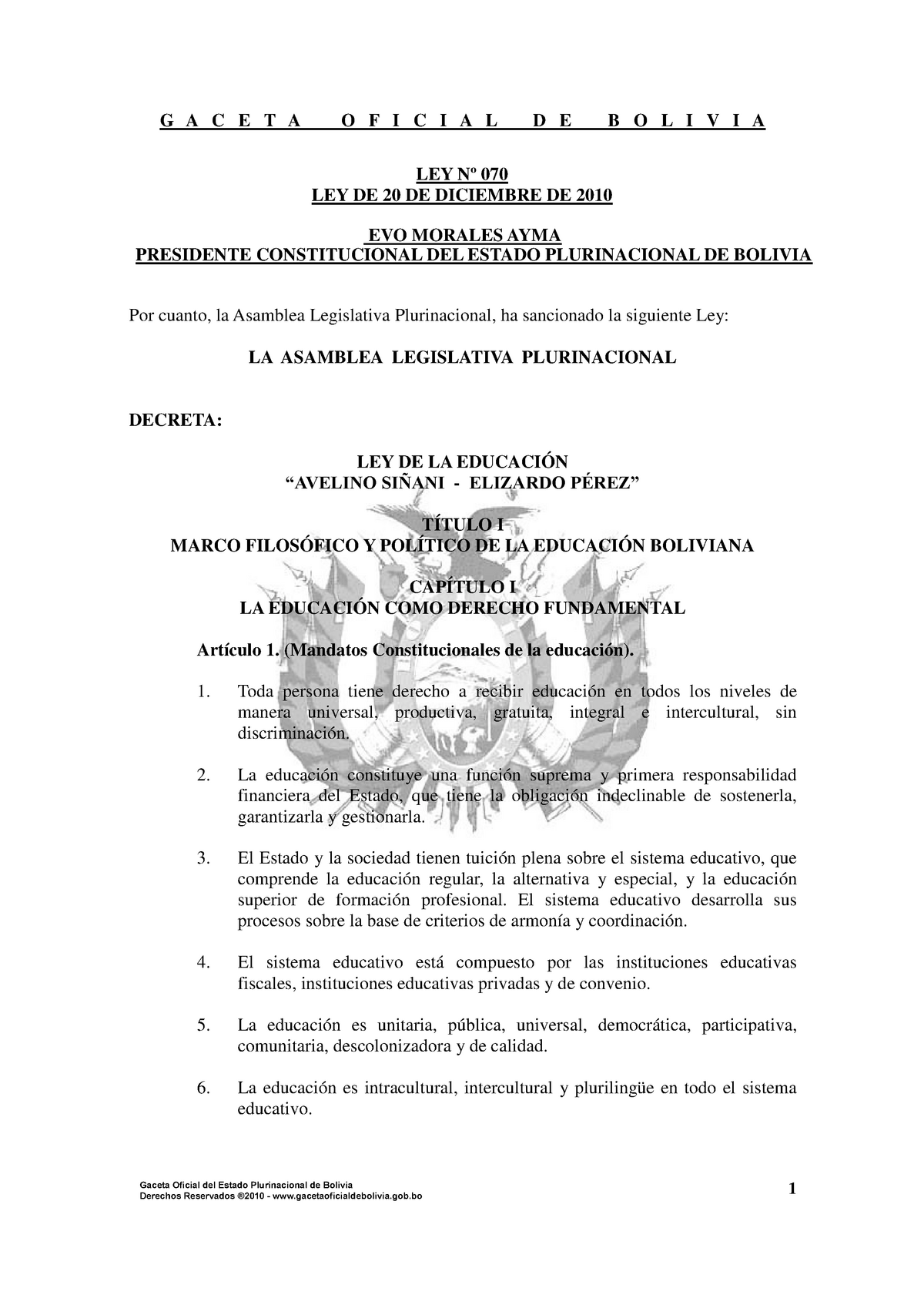 LEY 070 Avelino Siñani Elizardo Perez - Derechos Humanos, Su Procedim ...