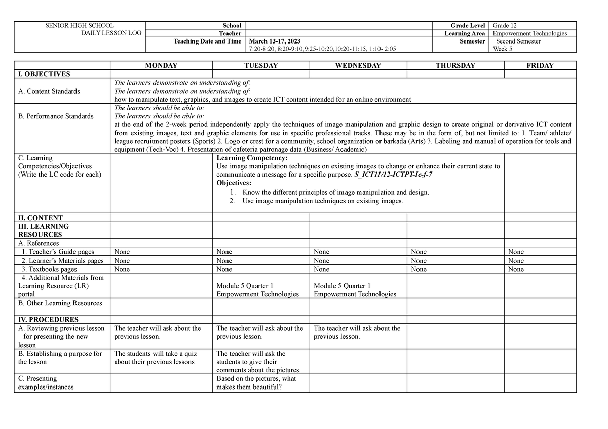 Quarter 1 Week 5 - E- Tech - SENIOR HIGH SCHOOL DAILY LESSON LOG School ...