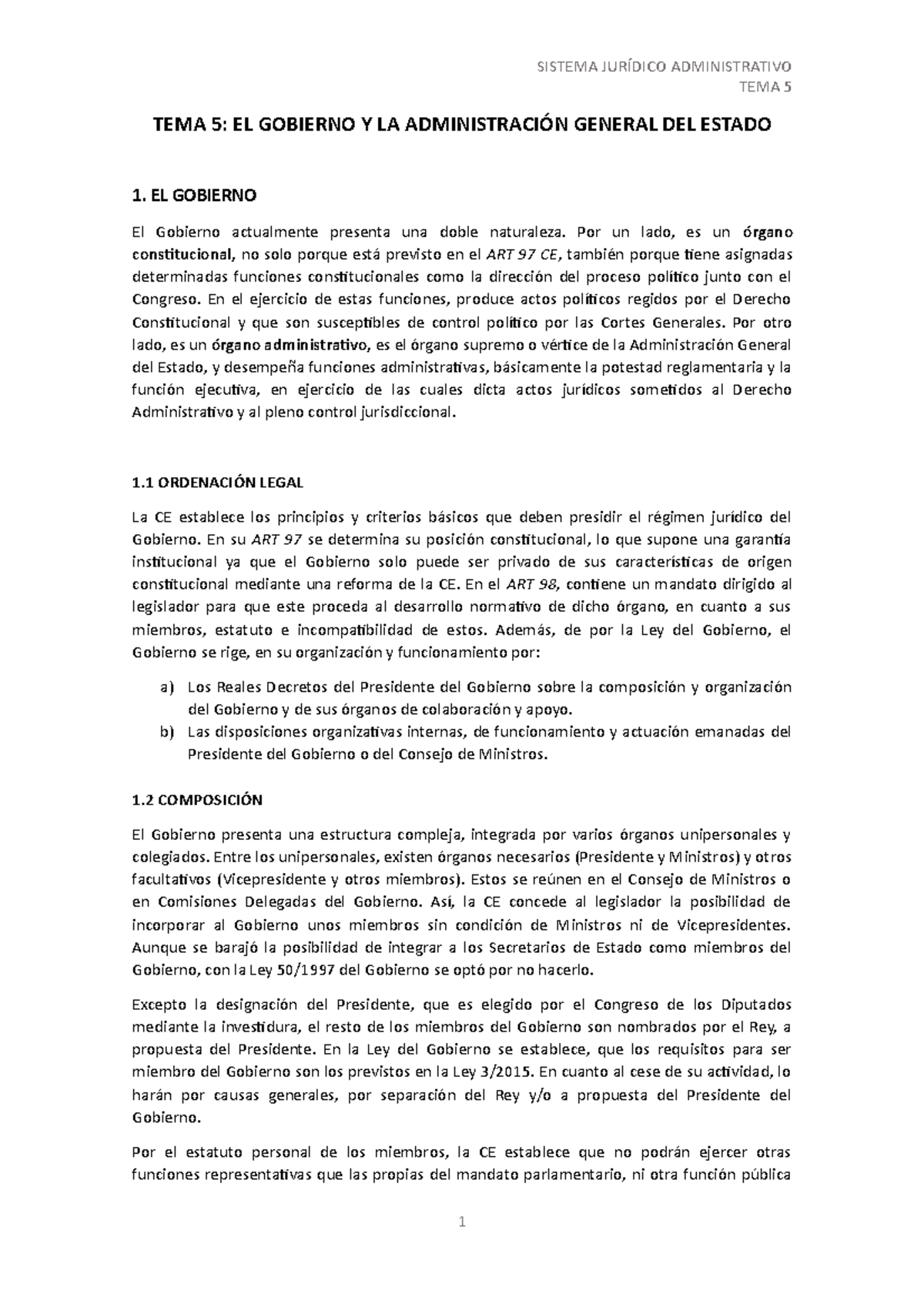 TEMA 5 Manual - Resumen T.5 - TEMA 5 TEMA 5: EL GOBIERNO Y LA ...